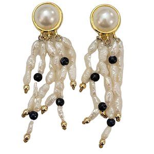 Gold Tone Rice Pearl Lapis Beads Dangle Clip-On Earrings, K873